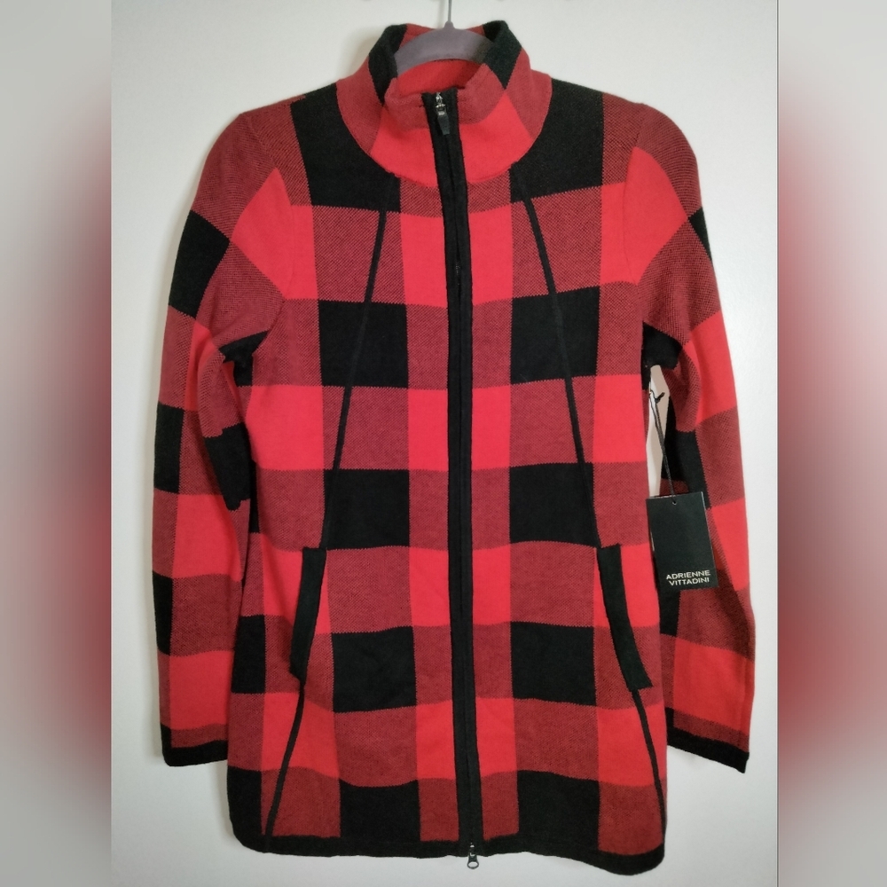 Adrienne Vittadini (Sz M) Red & Black Flannel Full Zip LS Slim Jacket (NEW-NWT)